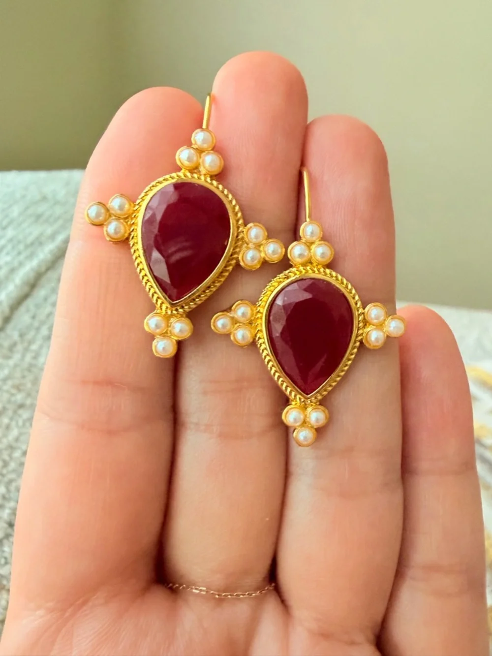 Gold Teardrop Pearl Accent Earrings in Deep Ruby Red